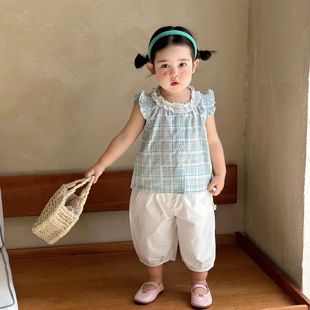 Chaleco de verano bebé niña de encaje con manga volante y cuadros - imagen 4