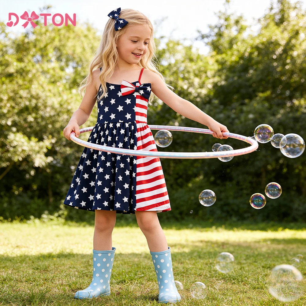 DXTON Vestido con tirantes ajustables – Patchwork y lazo estrella niños - imagen 2