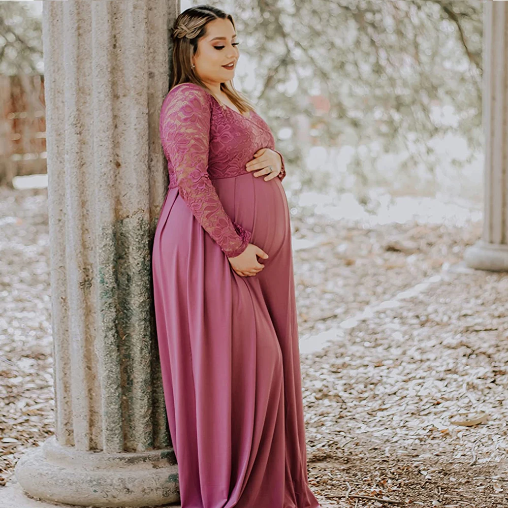 Vestido de encaje premamá con cuello en V manga larga para fotografía - imagen 2