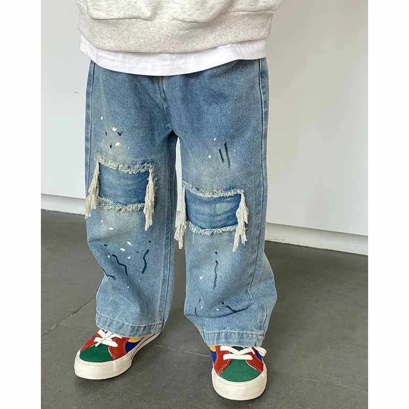 Vaqueros de pierna ancha para niños con agujeros estilo casual