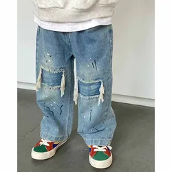 Vaqueros de pierna ancha para niños con agujeros estilo casual