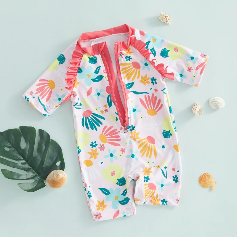 Bañador antirrozaduras niña manga corta floral con volante veraniego - imagen 5