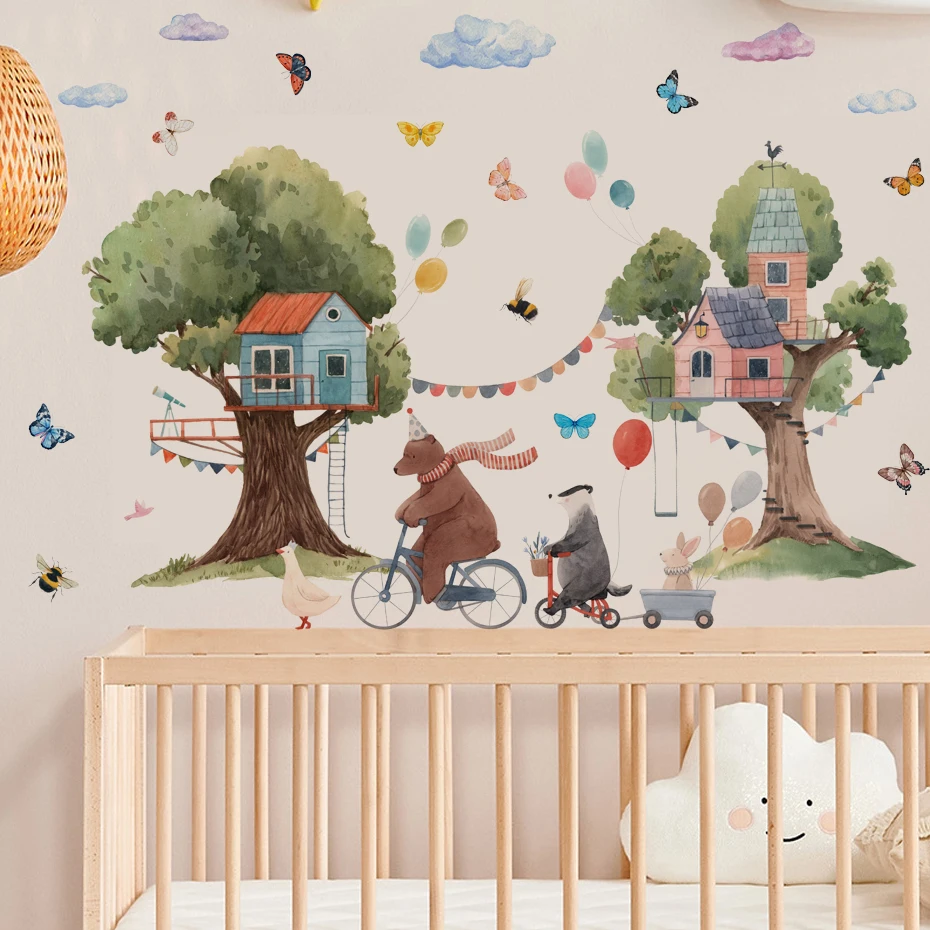 Pegatinas de pared acuarela bosque con animales y casitas - imagen 3