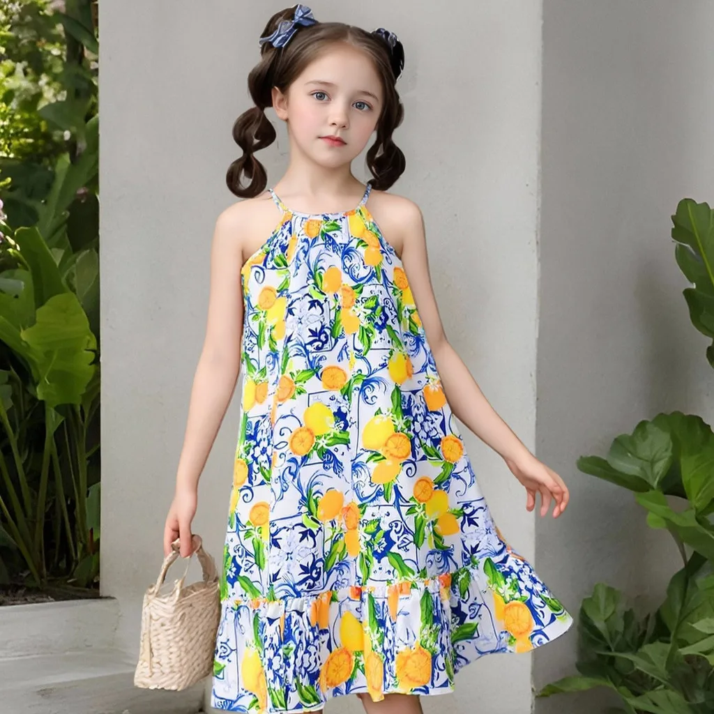 Vestido camisero de limones con tirantes para niñas, playa
