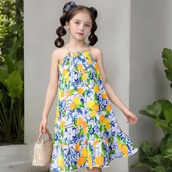 Vestido camisero de limones con tirantes para niñas, playa