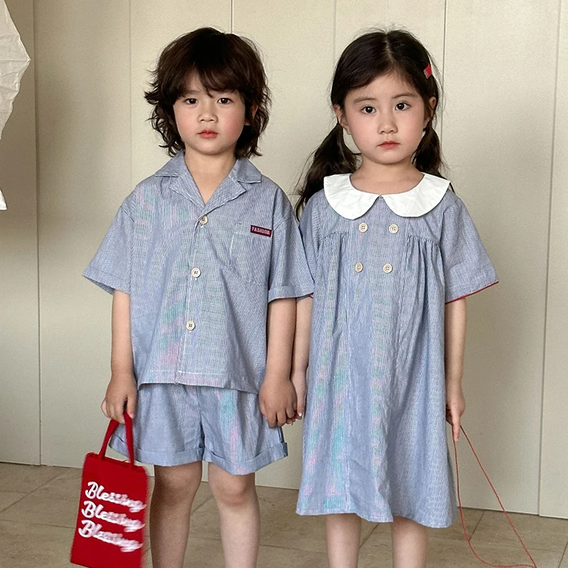 Conjunto hermanos verano: camisa de rayas y vestido cuello Peter Pan - imagen 2