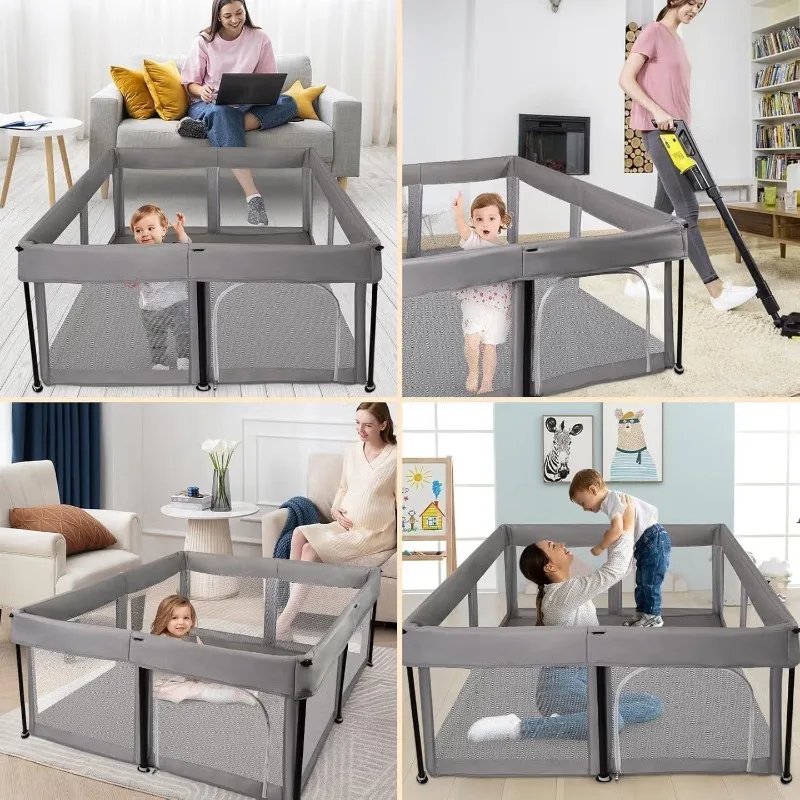 Valla plegable abierta en sala de estar mostrando bebé gateando dentro