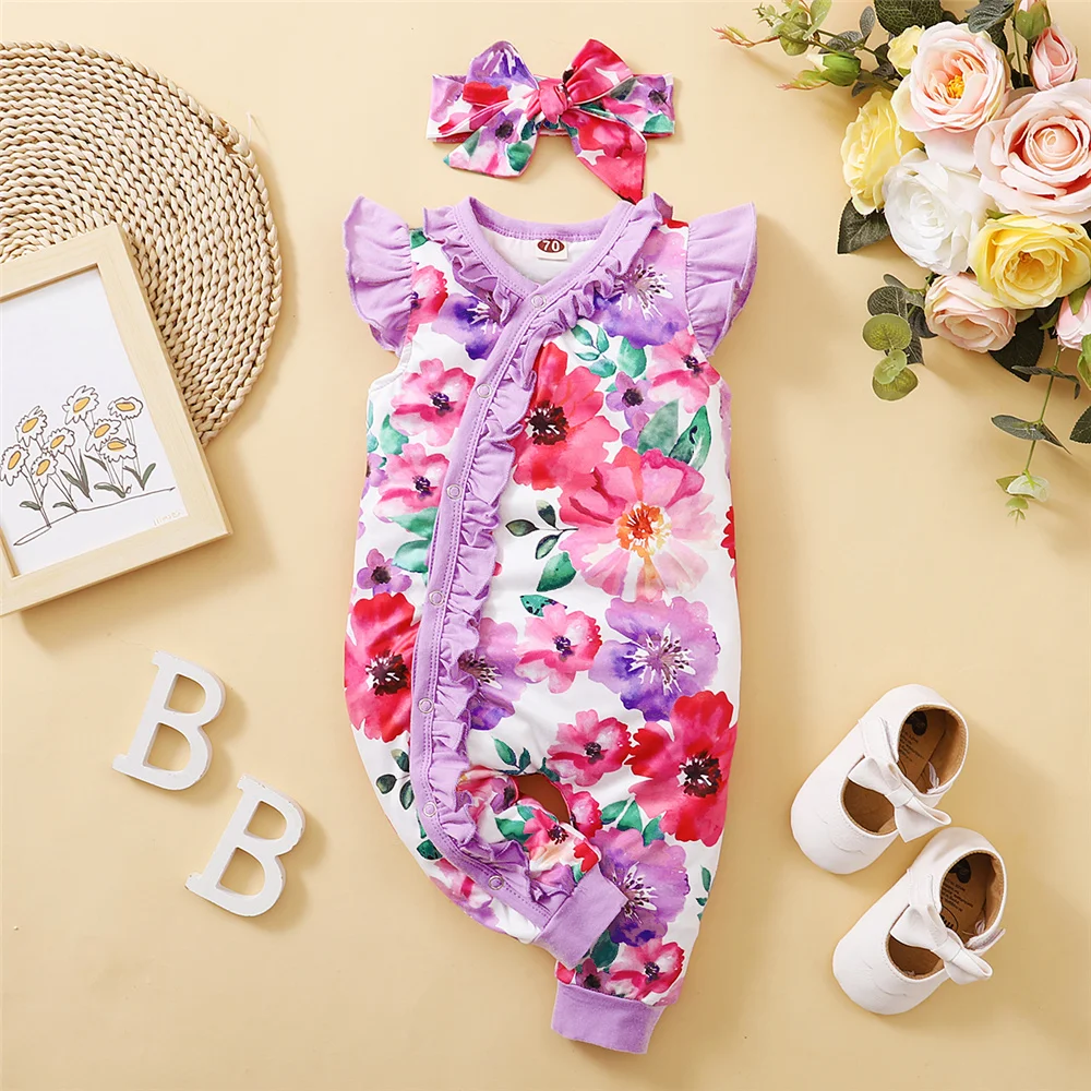 Pelele de bebé niña con volante floral y diadema para verano - imagen 4