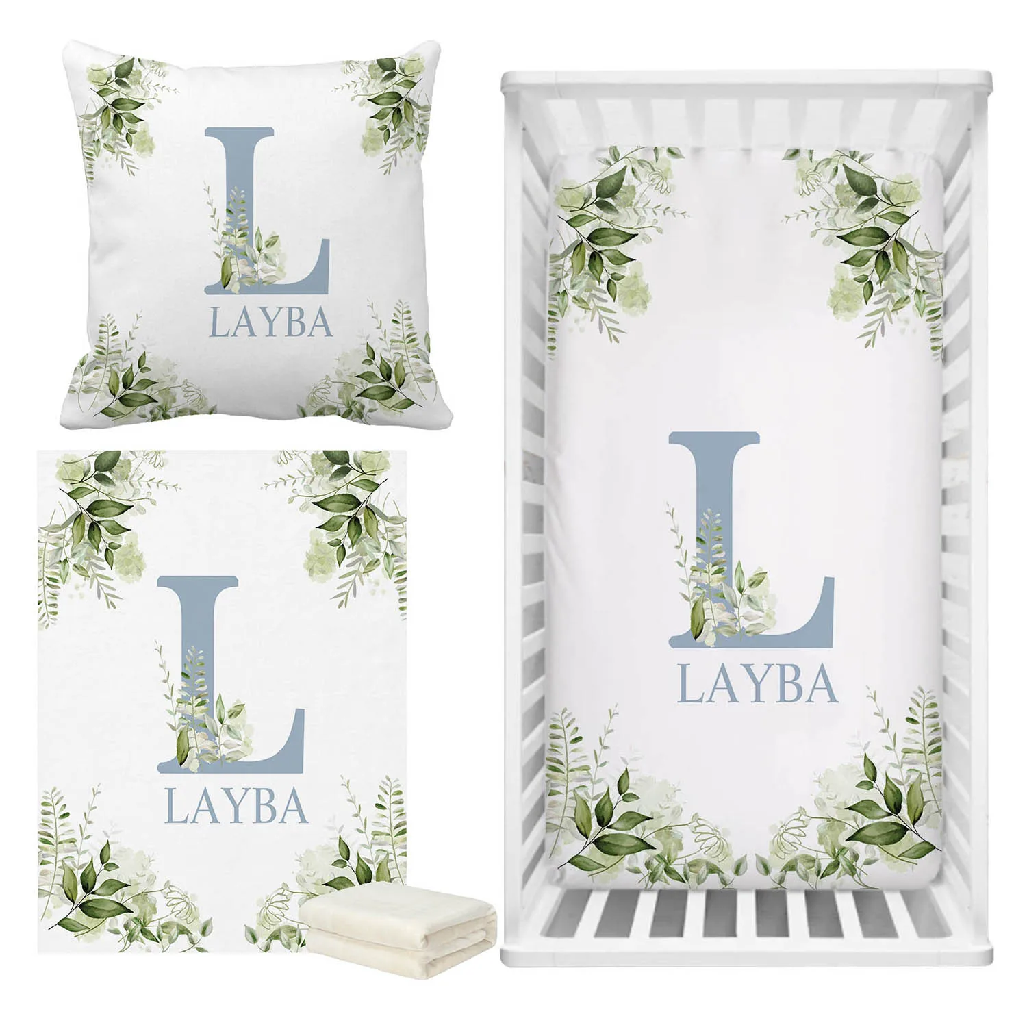 Vista completa del set de cuna personalizado con nombre