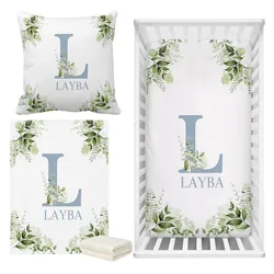 Funda de cuna verde con letras azules para bebé