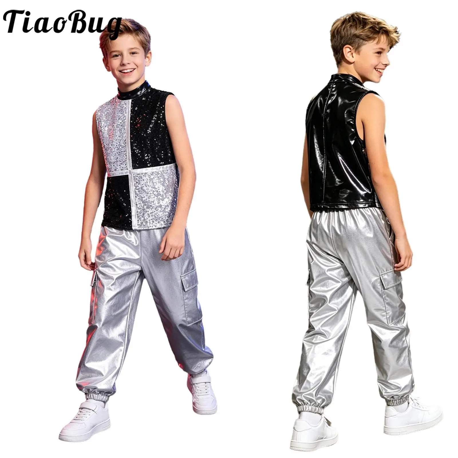 Traje de baile metálico para niños con lentejuelas y pantalón cargo - imagen 5