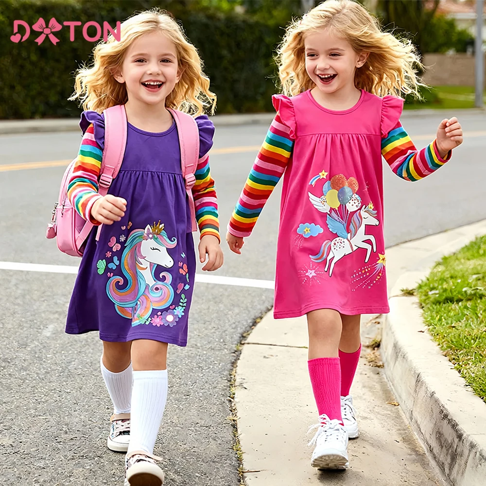 DXTON vestido acampanado infantil de otoño a rayas arcoíris - imagen 3