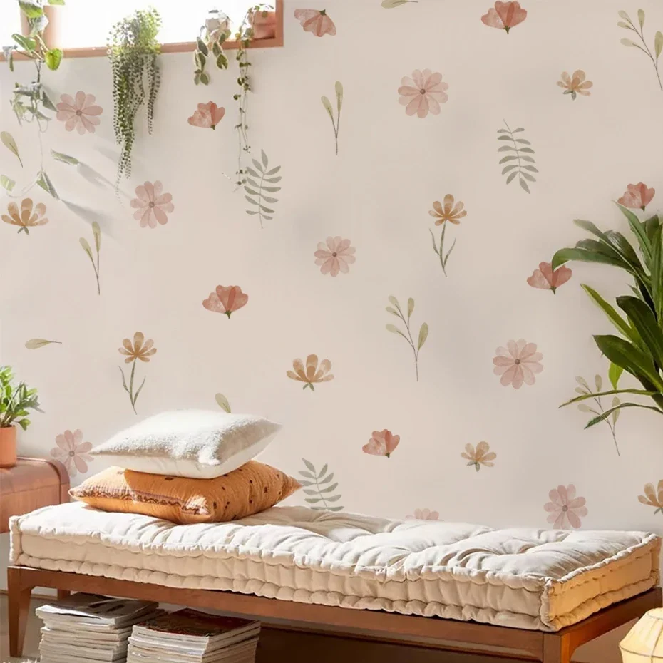 Pegatina bohemio flores acuarela en pared blanca