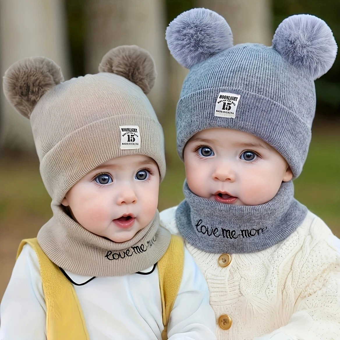 Conjunto gorro y bufanda bebé tejido con pompón de pelo - imagen 3