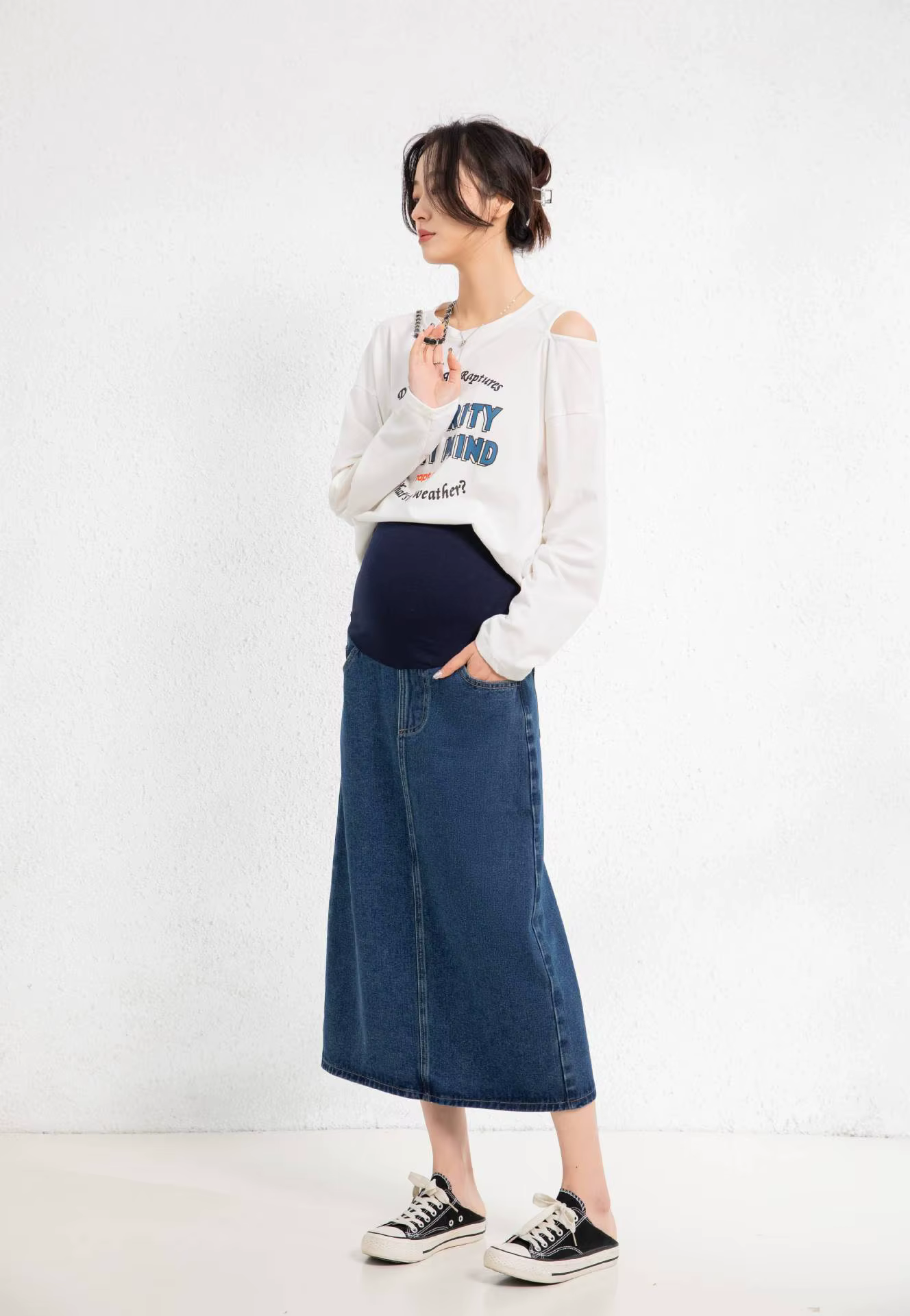Falda de embarazo vaquera larga elástica para invierno - imagen 2