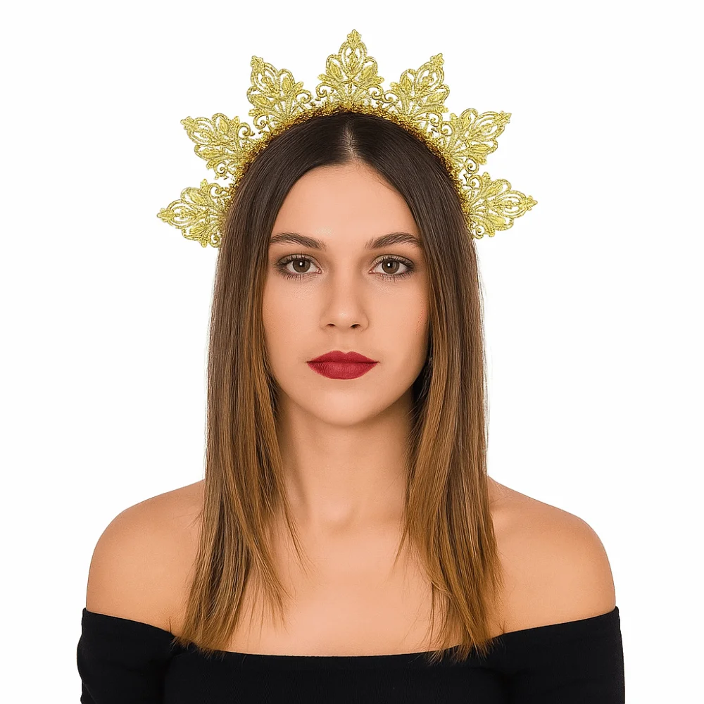 Diadema dorada floral con halo de flores y pedrería para bodas - imagen 4