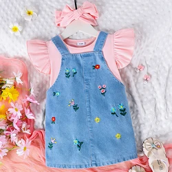 Conjunto de bebé vaquero floral de verano con diadema