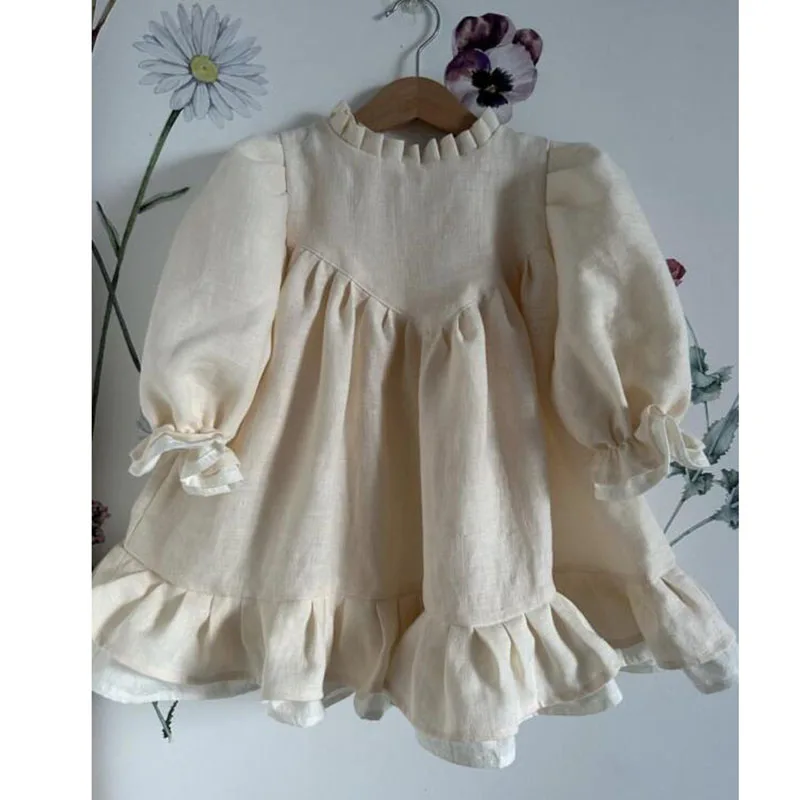 Vestido de lino con manga globo para niña – estilo primaveral
