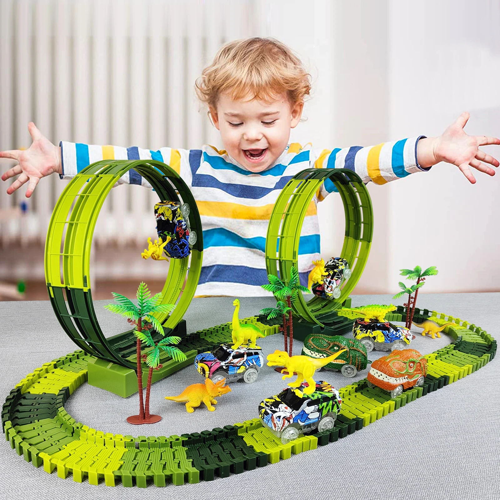 Pista de coches de dinosaurio eléctrica con luces y rampa mágica - imagen 2