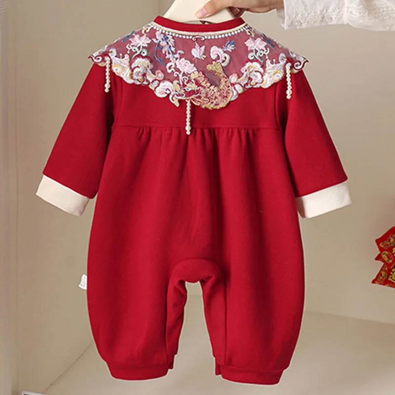 Monos bebé niña primavera y otoño con bordado rojo elegante chic - imagen 3