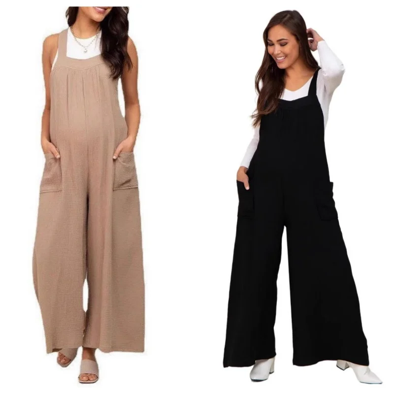 Pantalones premamá de pierna ancha con cordón fino para verano