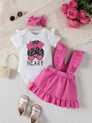 Conjunto de verano para bebé niña con estampado corazón y diadema