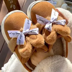 Pantuflas de felpa con lazo para niña – Suela gruesa y cálida