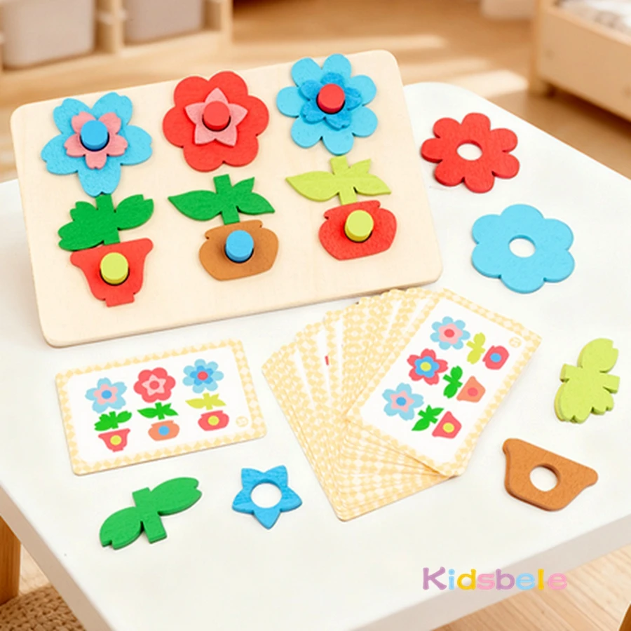 Puzle Montessori de madera con formas geométricas florales - imagen 4