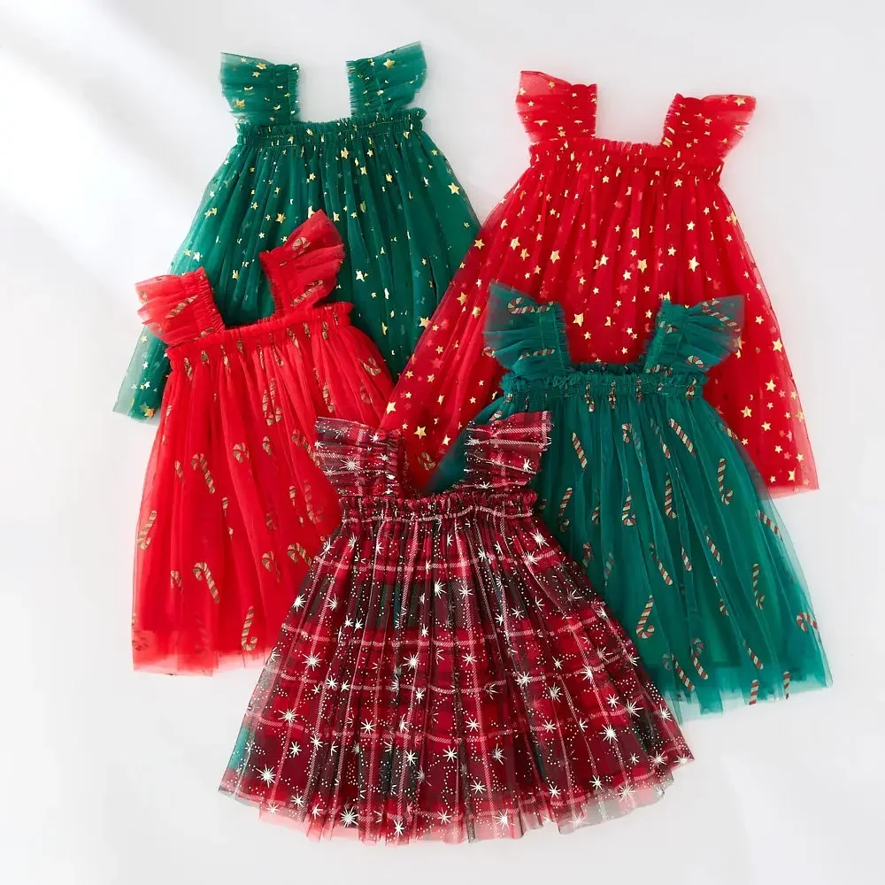 Vestido navideño de tirantes para niñas con tul y estrella dorada - imagen 4