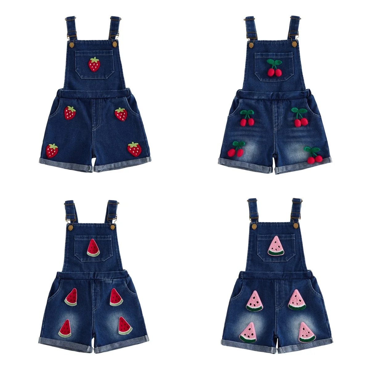 Peto vaquero estampado fresa y melón para niñas: tirantes ajustables