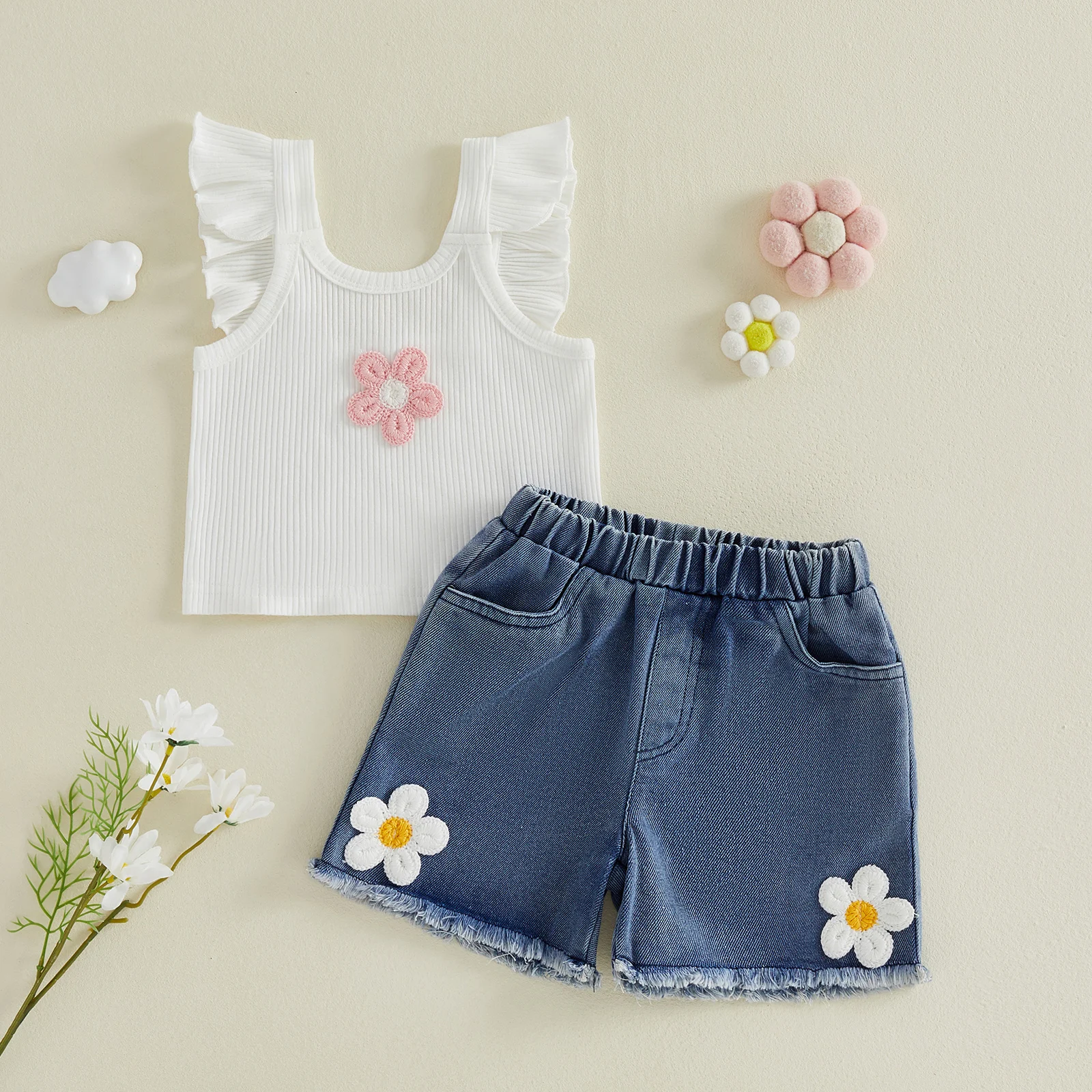 Conjunto de verano para niña con camisola floral y vaquero - imagen 3