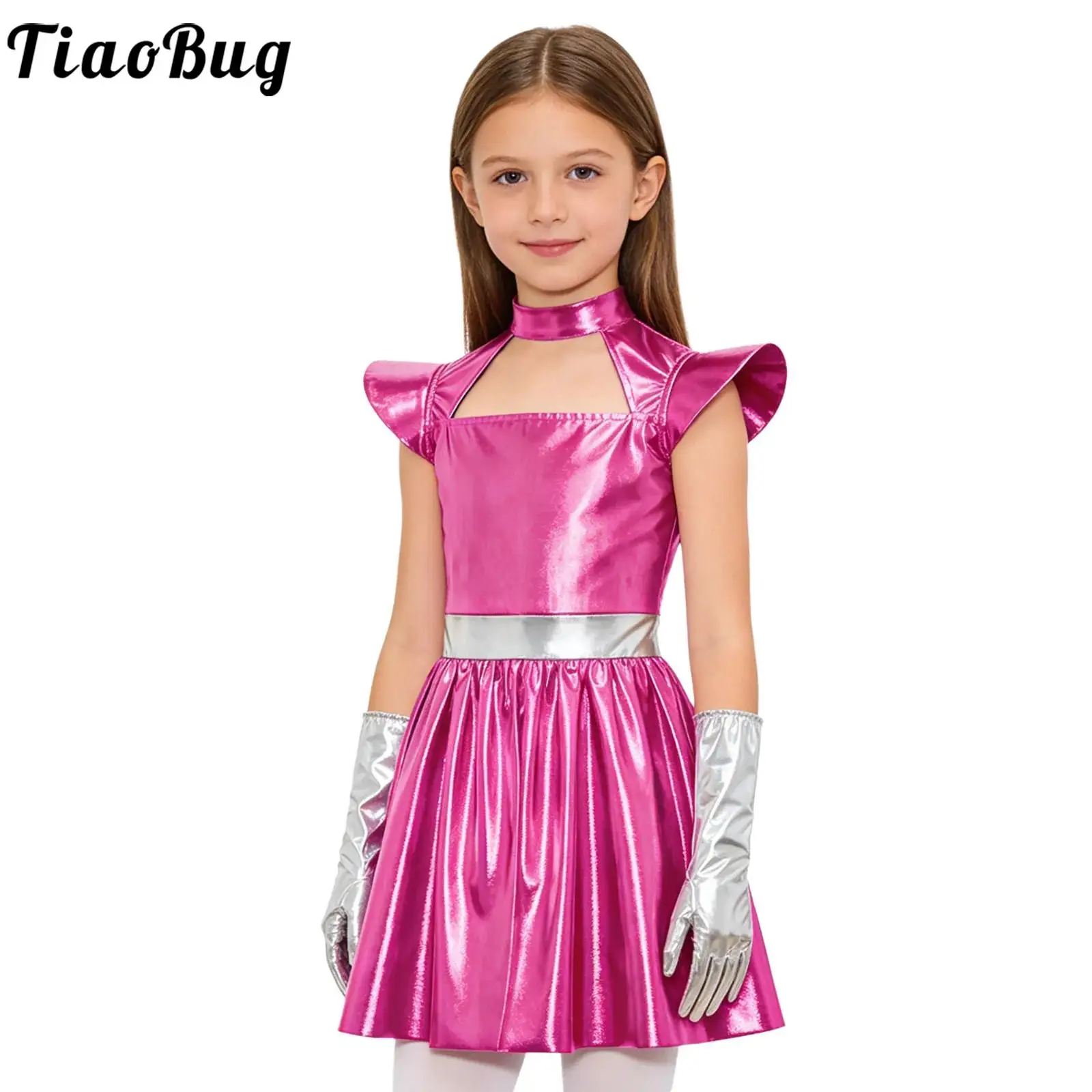 Disfraz de robot alienígena para niña con vestido metálico y guantes - imagen 4