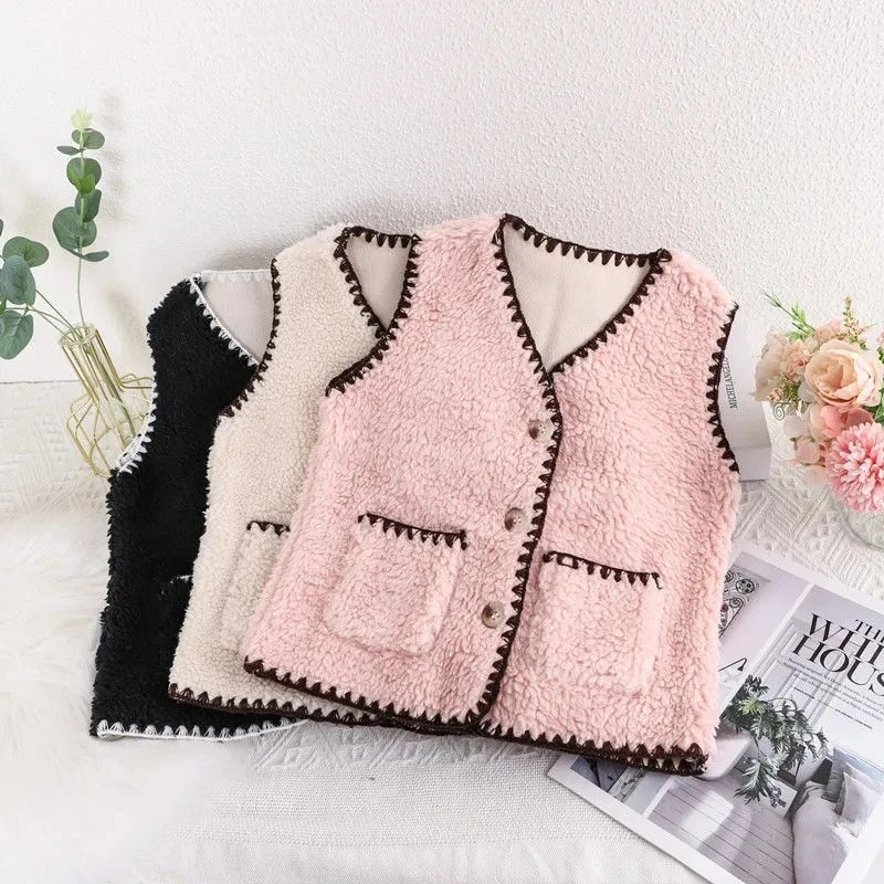 Chaleco polar en V para niña estilo dulce