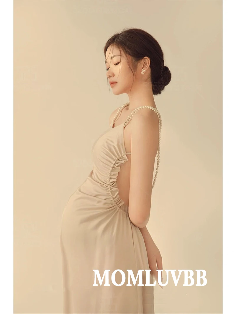 Vestido de maternidad largo sin mangas con perlas para sesión - imagen 5