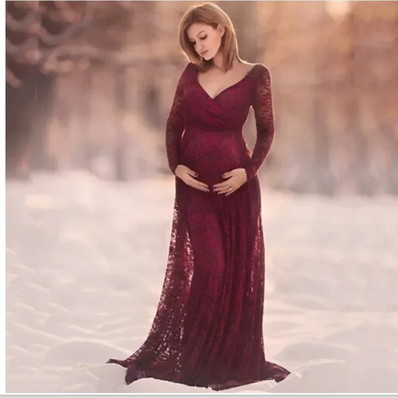 Vestido de embarazo manga larga encaje cuello en V vino tinto