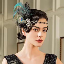 Diadema vintage con plumas de pavo real y cadena dorada