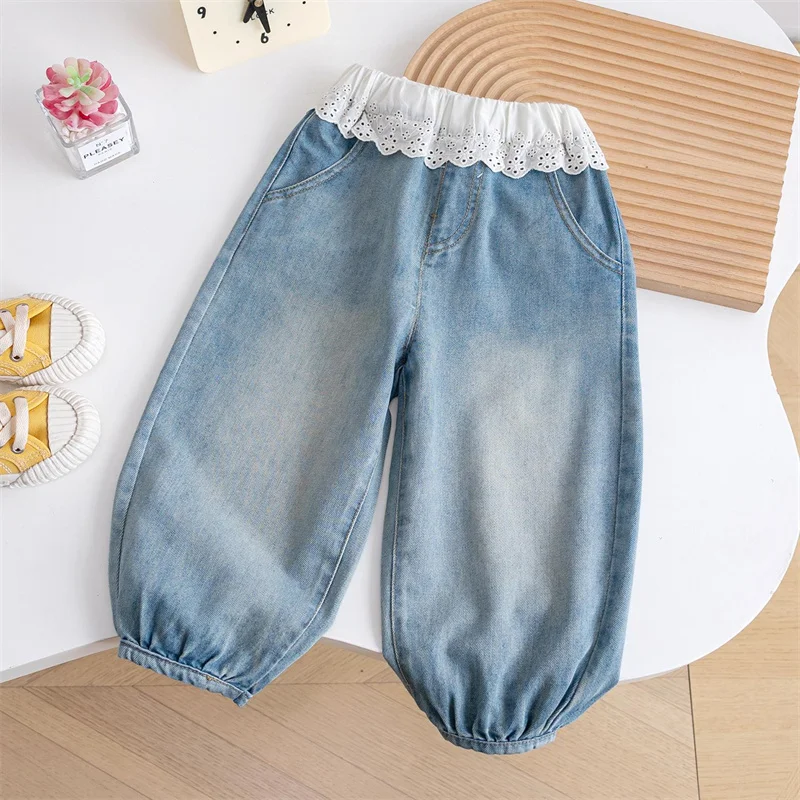 Vaqueros con encaje para niña – Pantalón suelto con cordón