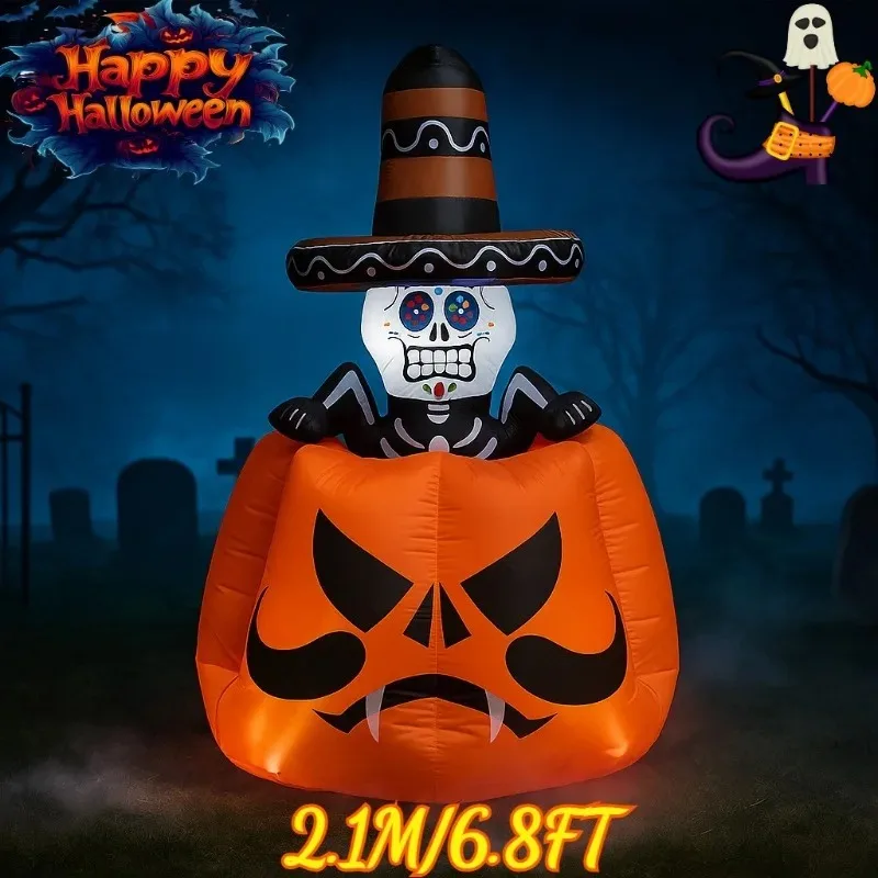 Inflable de Halloween con esqueleto animado y luces LED para jardín