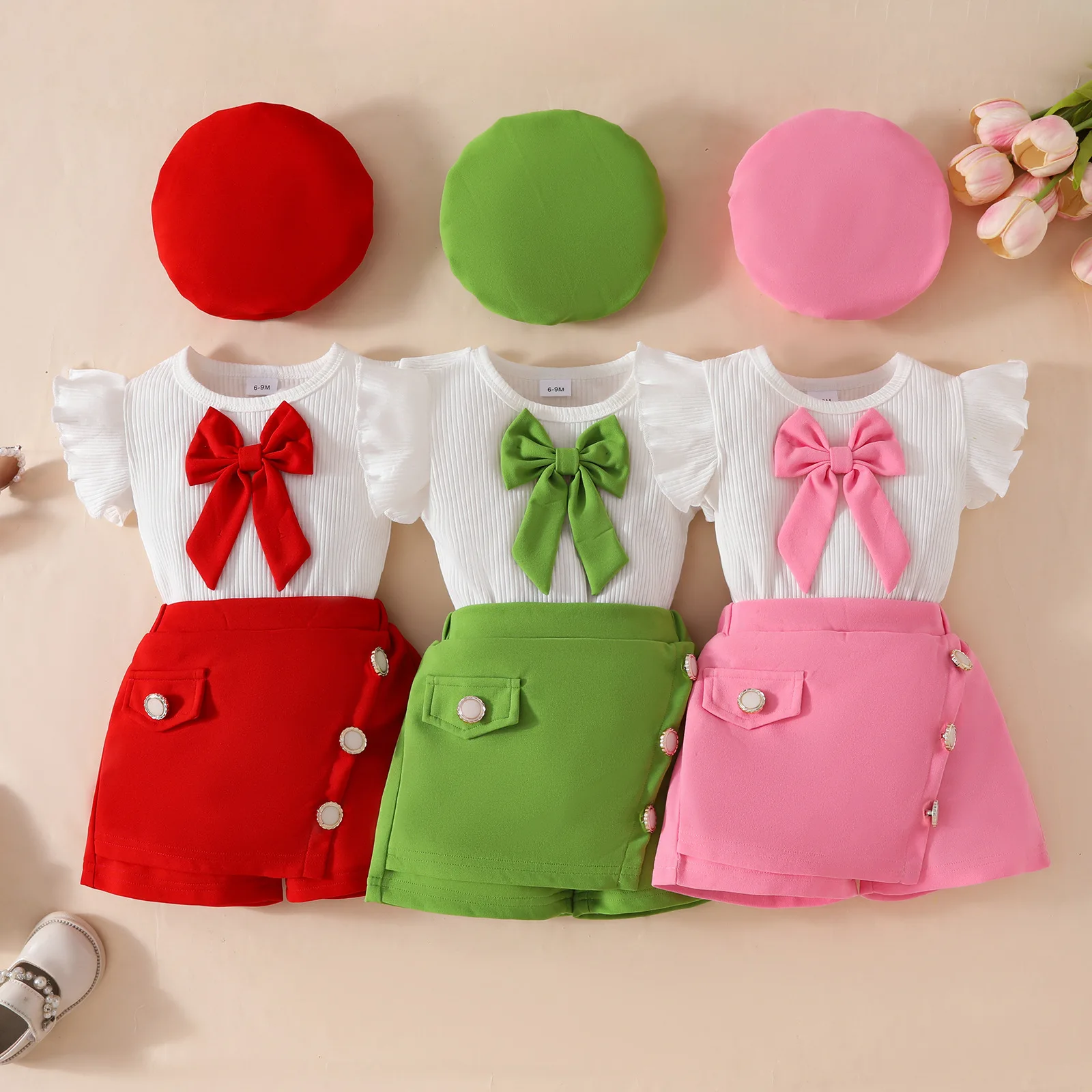 Conjunto de verano bebé sin mangas de algodón con lazo y gorro - imagen 5