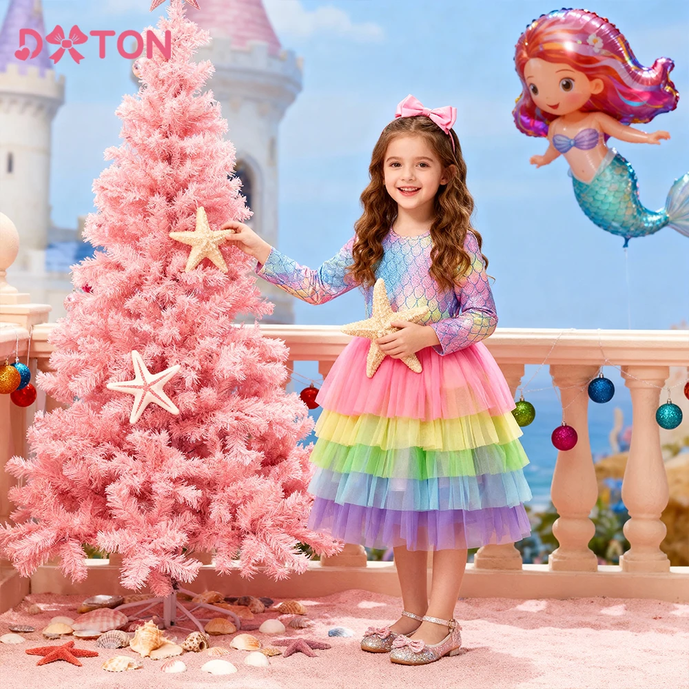 DXTON Vestido de fiesta para niña con capas y sirena degradado - imagen 3
