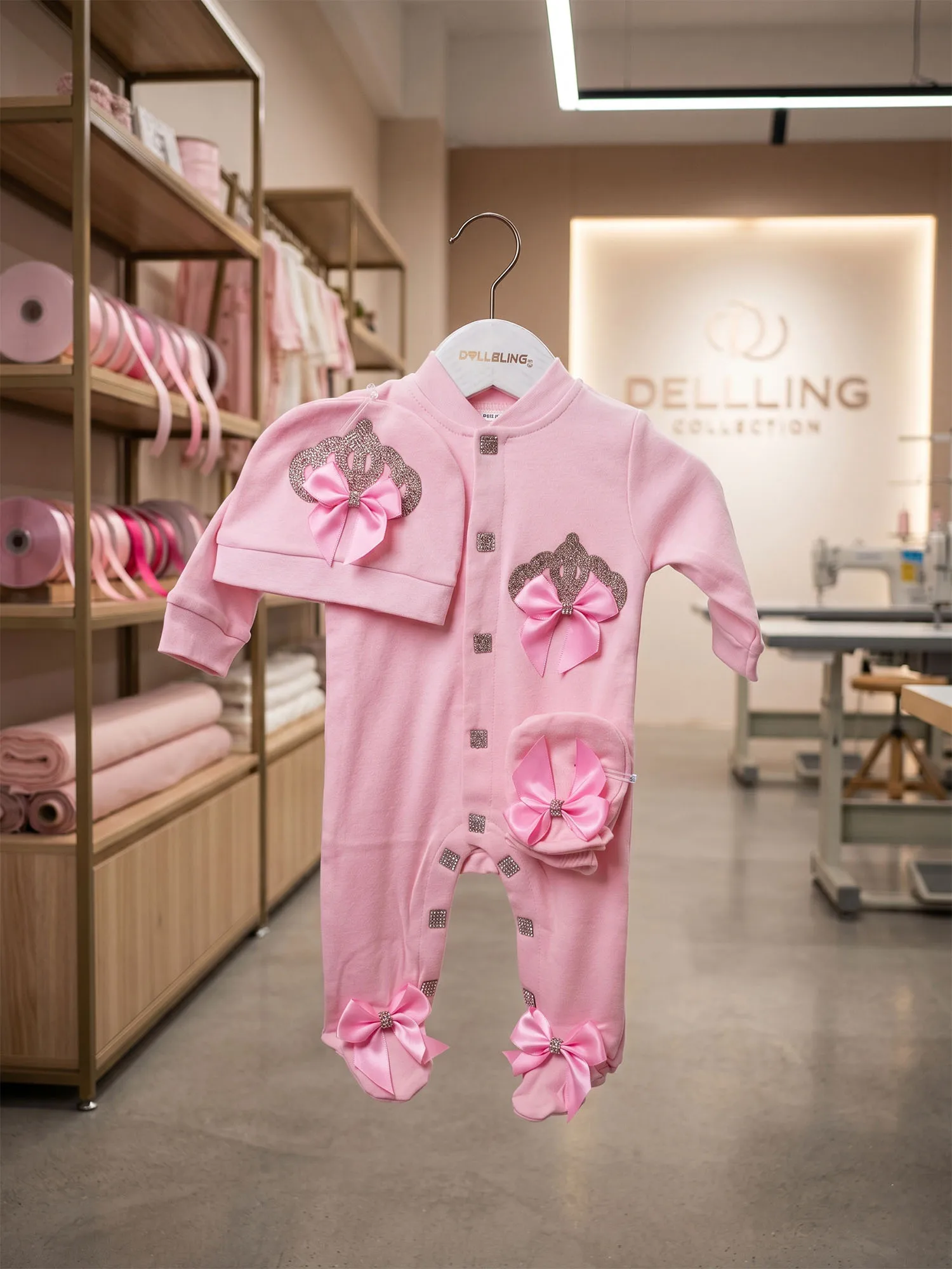 Conjunto bebé recién nacido de lujo con pelele, gorro y manoplas - imagen 2