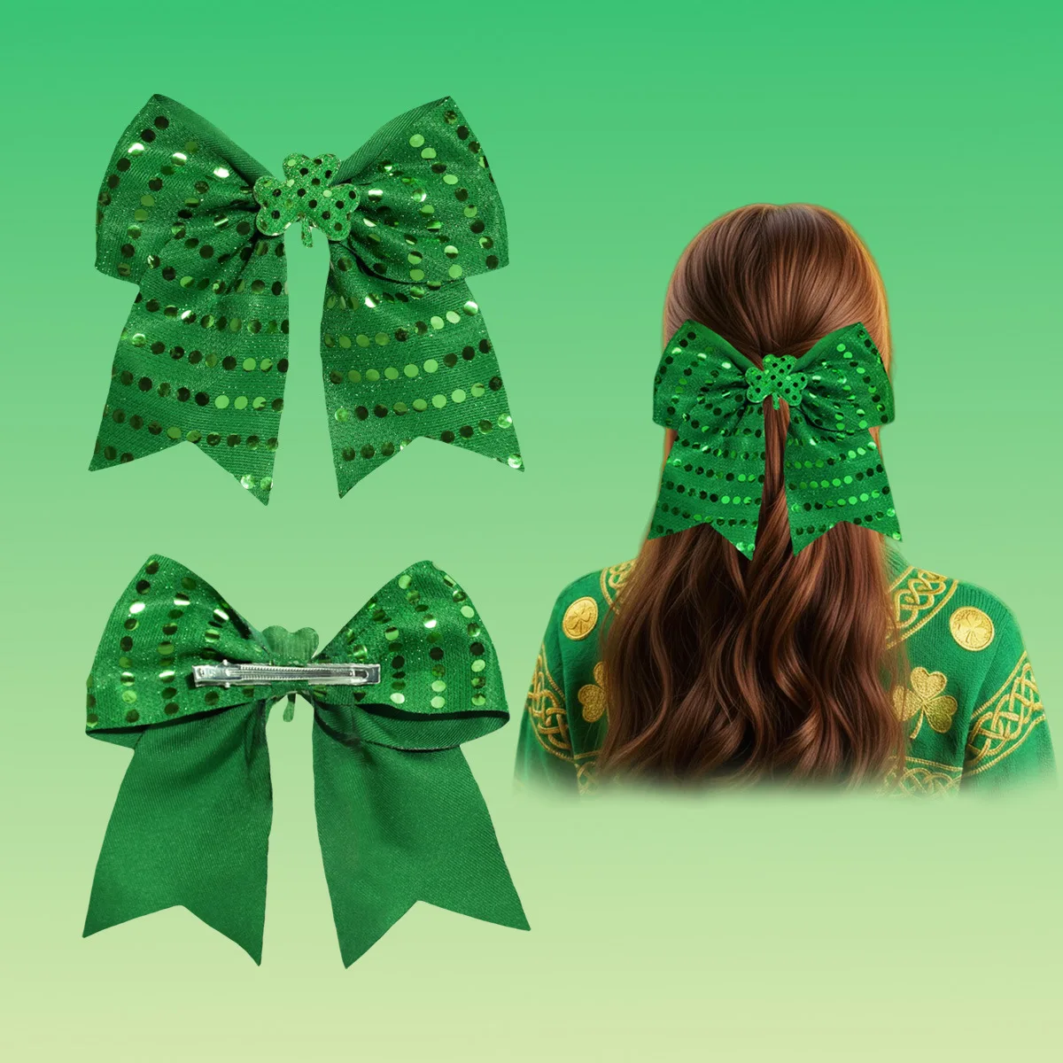Horquilla niña lazo verde estilo irlandés con clip resorte - imagen 3