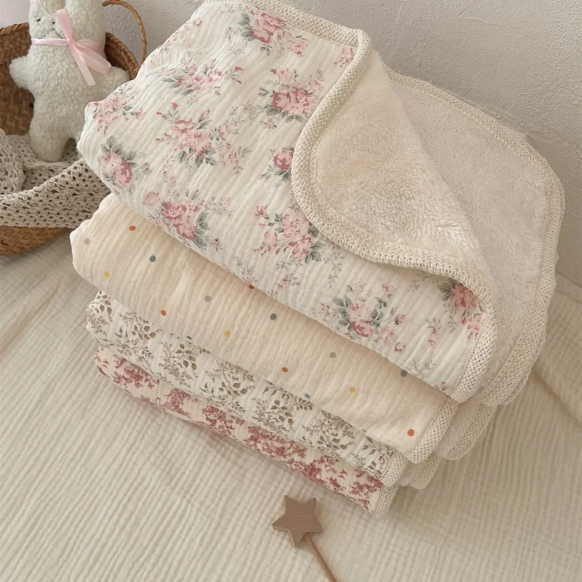 Manta para bebé de lana con estampado floral y algodón suave - imagen 5