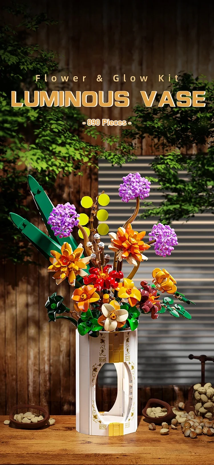 Ramo de flores de construcción con jarrón luminoso