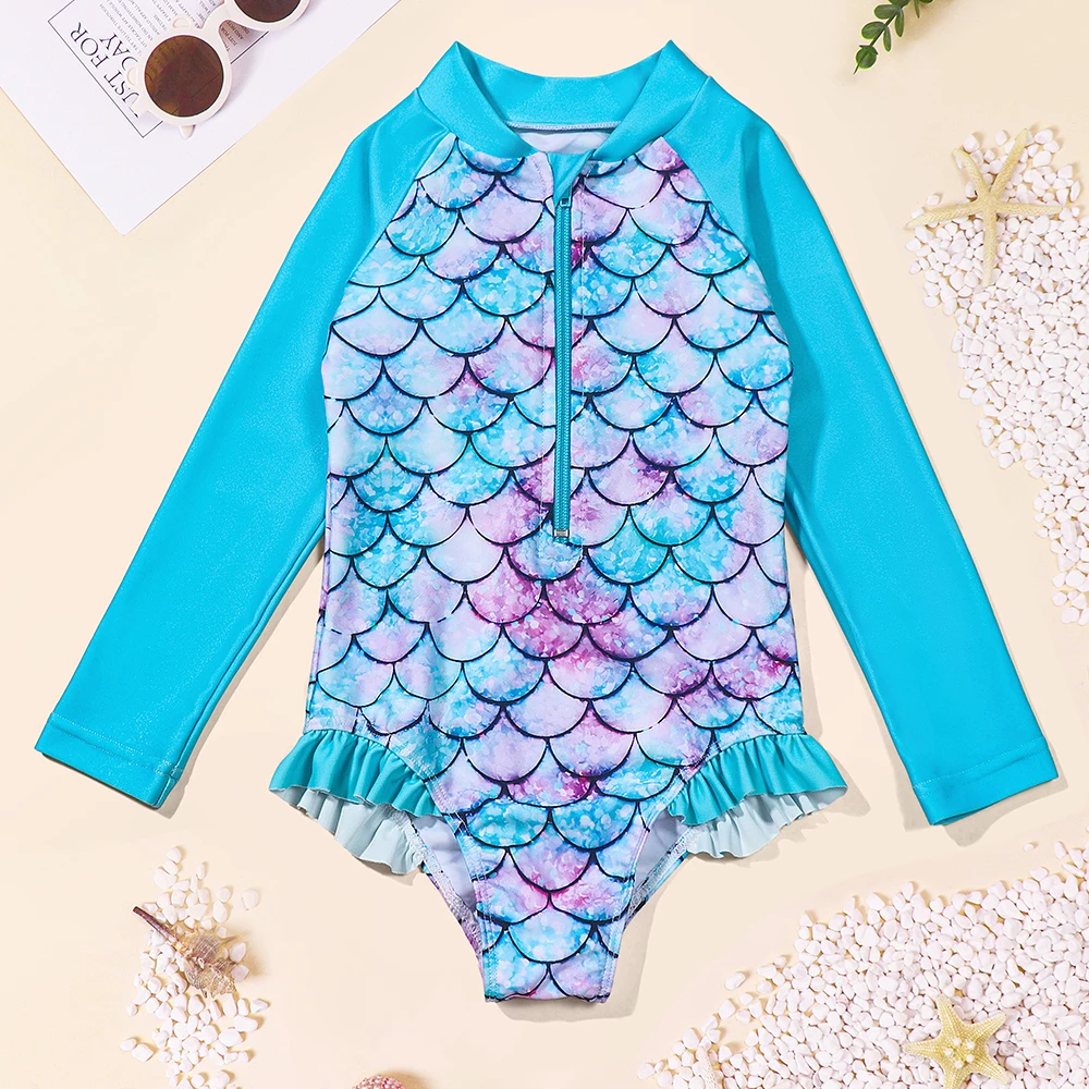 Traje de baño infantil manga larga con volantes y patrón escamas - imagen 3
