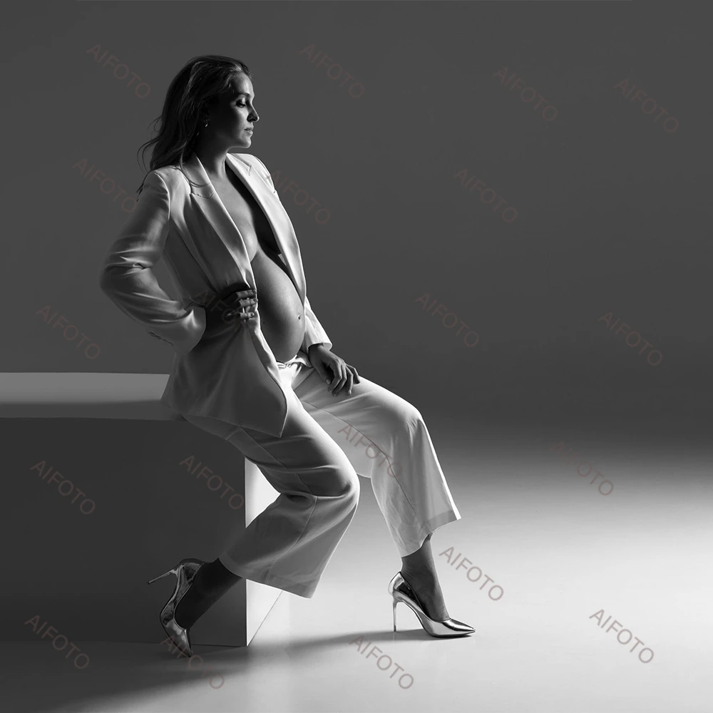 OL Traje de maternidad blanco con chaqueta de manga larga para fotos - imagen 2