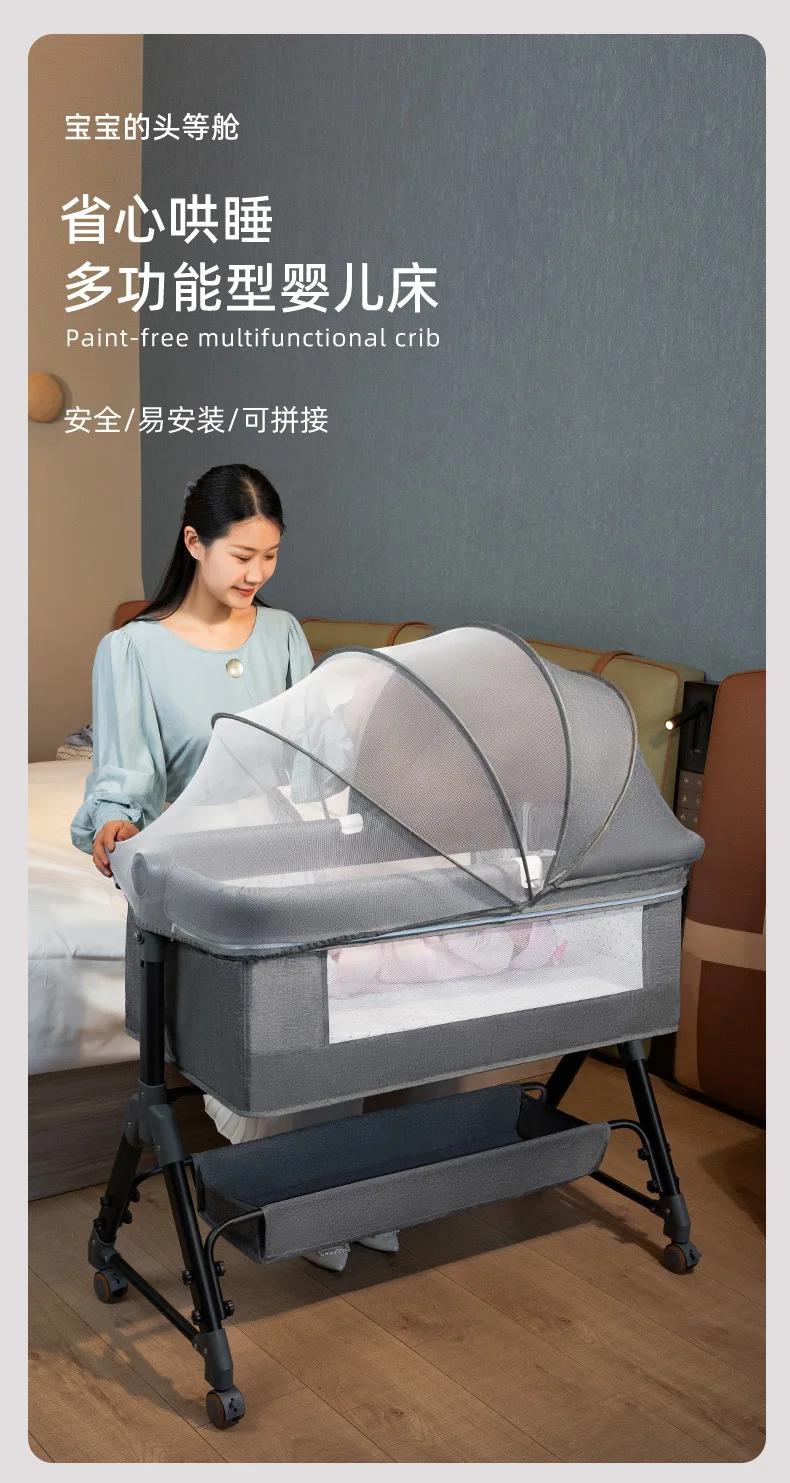 Cuna para bebé recién nacido con mosquitera vista general