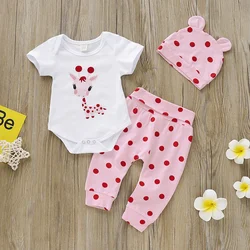 Conjunto bebé niña: mono manga corta ciervos, pantalón rosa y sombrero
