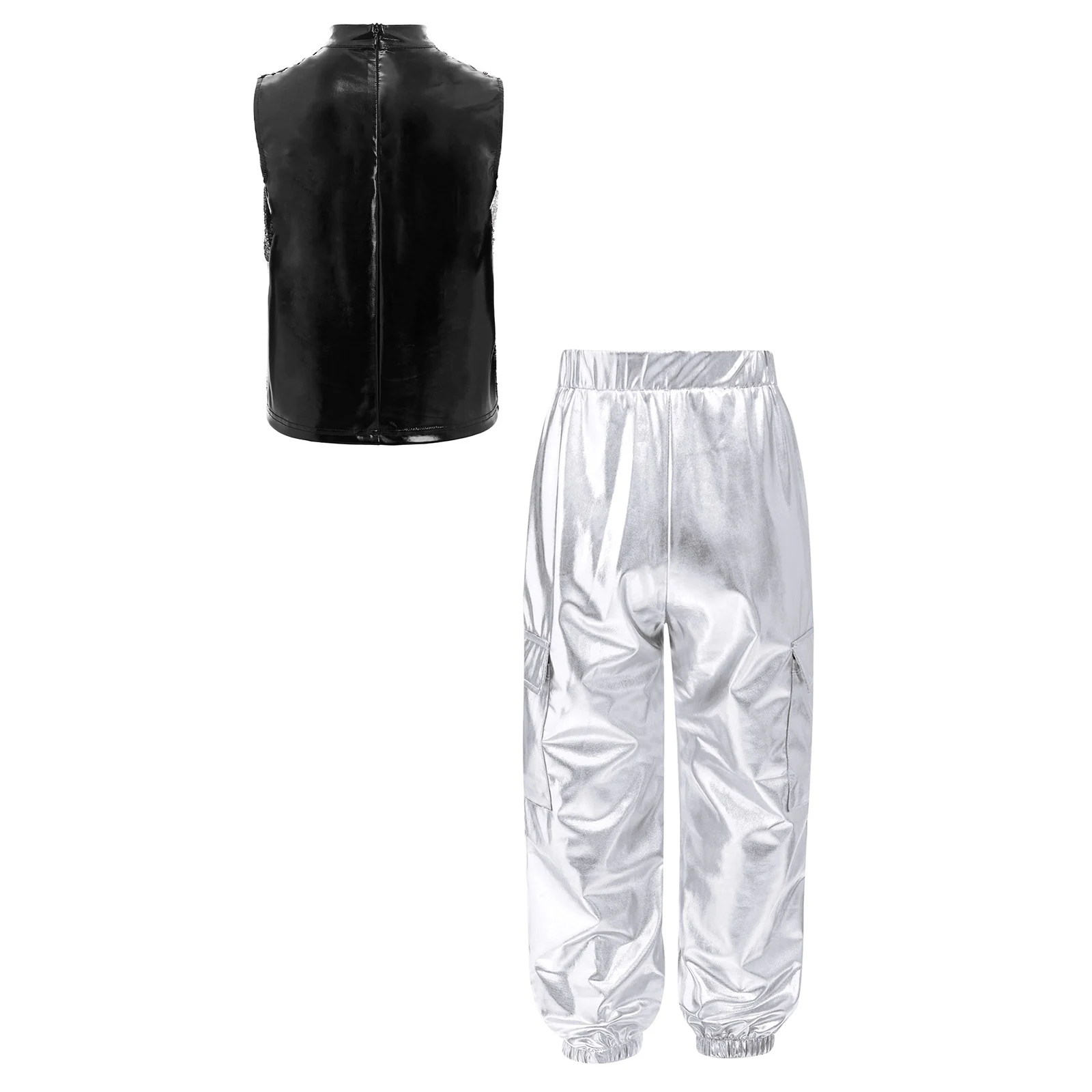 Traje de baile metálico para niños con lentejuelas y pantalón cargo
