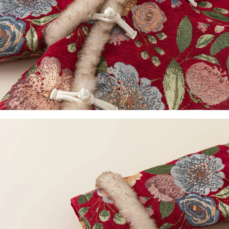 Vestido rojo de invierno para niña – Bordado floral con forro polar - imagen 3